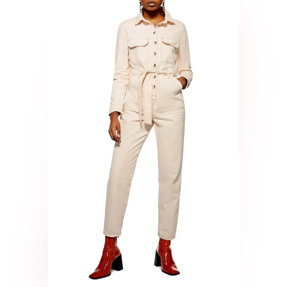 Topshop Cream Denim Boilersuit Jumpsuit
